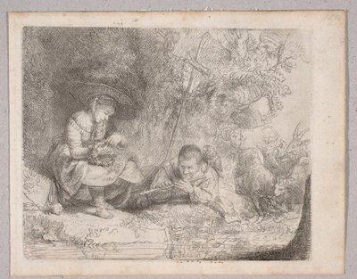 En hyrde, der spiller på fløjte (Omval-udsigt med hyrde og fløjtespiller) af Rembrandt van Rijn