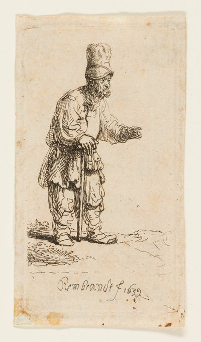 Bonde i høj Kasket, Stående lænet på en Stok af Rembrandt van Rijn