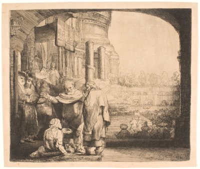 Peter og Johannes helbreder krøblingen ved templets port af Rembrandt van Rijn