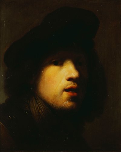 Portræt af kunstneren med hoved og skuldre i en sort baret og en kløft af Rembrandt van Rijn