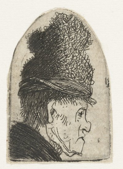 Profil af en mand med høj hat Grotesk profil: mand i høj kasket af Rembrandt van Rijn