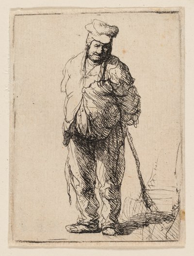 Raget bonde med hænderne bag sig, holder en pind af Rembrandt van Rijn
