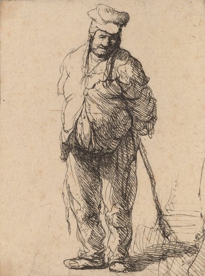 Raget bonde med hænderne bag sig, holder en pind, ca. 1630. af Rembrandt van Rijn