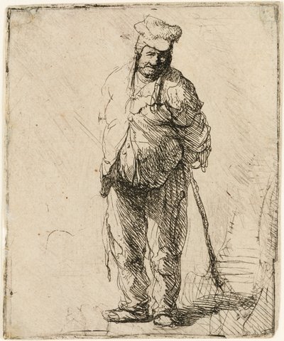 Raget bonde med hænderne bag sig, med en pind, c.1630. af Rembrandt van Rijn