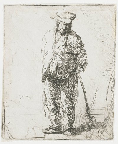 En laset bonde med hænderne bag ryggen, der holder en stok af Rembrandt van Rijn