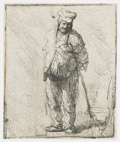 En laset bonde med hænderne bag ryggen, der holder en stok af Rembrandt van Rijn