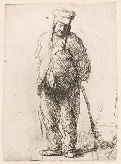 En laset bonde med hænderne bag ryggen, der holder en stok af Rembrandt van Rijn