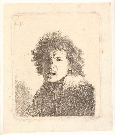 Rembrandt barhovedet og åbenmundet, som om han råbte: buste af Rembrandt van Rijn