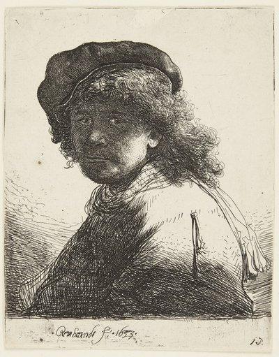 Rembrandt med hue og tørklæde af Rembrandt van Rijn