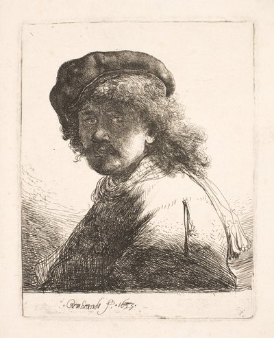 Rembrandt med hue og tørklæde: ansigtet i skygge: brystbillede af Rembrandt van Rijn