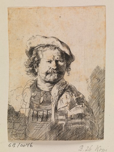 Rembrandt med en flad kasket og en broderet kjole af Rembrandt van Rijn