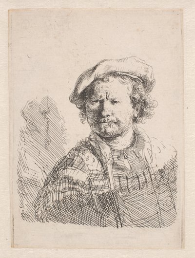 Rembrandt i en flad kasket med et sjal om skuldrene af Rembrandt van Rijn