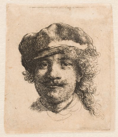 Rembrandt iført en blød hue: i fuld ansigtsprofil: kun hovedet af Rembrandt van Rijn
