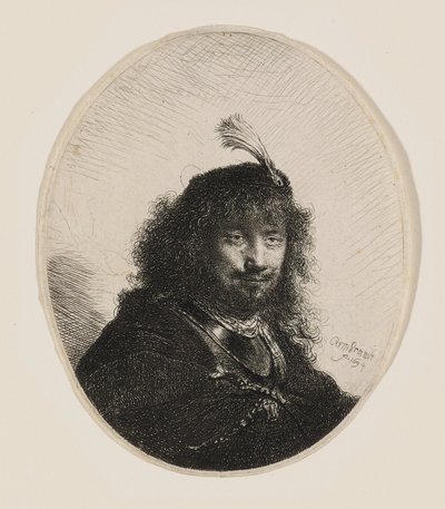 Rembrandt med fjerprydet hue og sænket sabel af Rembrandt van Rijn