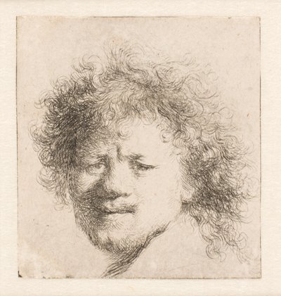 Rembrandt med langt, fyldigt hår: kun hovedet af Rembrandt van Rijn
