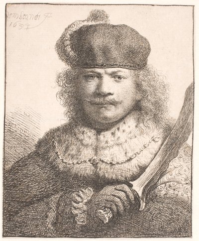 Rembrandt med løftet sabel: halvfigur af Rembrandt van Rijn