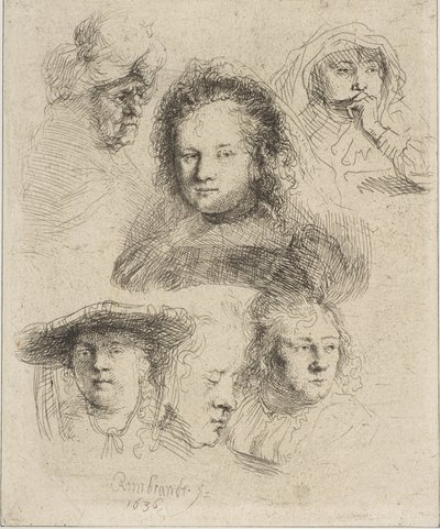 Rembrandts kone og fem andre hoveder, 1636. af Rembrandt van Rijn
