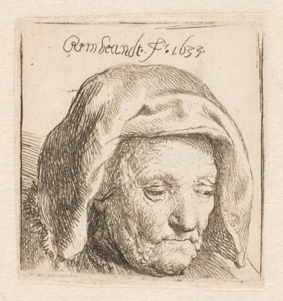 Rembrandts mor med et tørklæde om hovedet, der ser ned: kun hovedet af Rembrandt van Rijn