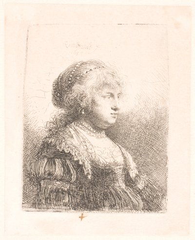 Rembrandts hustru Saskia, med perler i håret, brystbillede af Rembrandt van Rijn