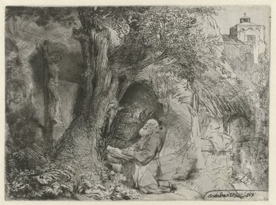 Saint Francis under et træ, beder St. Francis beder under et træ af Rembrandt van Rijn