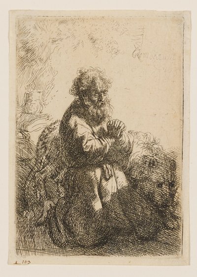 Den hellige Hieronymus knæler i bøn og ser ned af Rembrandt van Rijn
