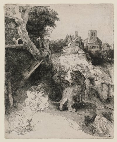 Den hellige Hieronymus læser i et italiensk landskab af Rembrandt van Rijn