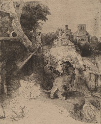 Sankt Jerome læser i et italiensk landskab, ca. 1653. af Rembrandt van Rijn