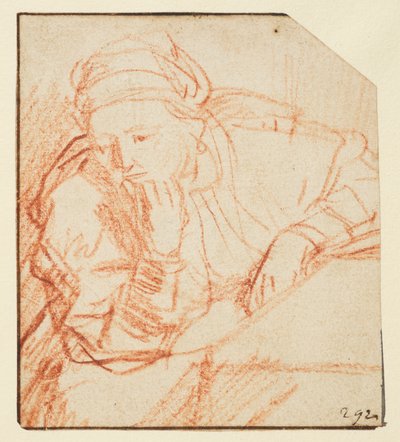 Saskia sad ved et bord, af Rembrandt van Rijn