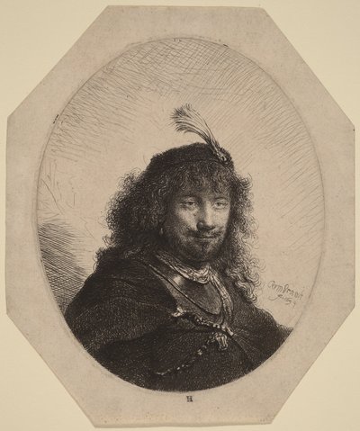 Selvportræt () med fjerprydet hue og sænket sabel af Rembrandt van Rijn