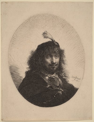 Selvportræt () med fjerprydet hue og sænket sabel af Rembrandt van Rijn