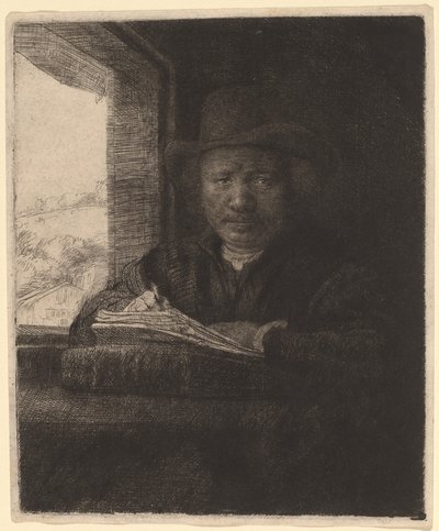 Selvportræt tegning ved et vindue af Rembrandt van Rijn