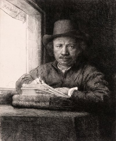 Selvportræt tegning ved et vindue af Rembrandt van Rijn af Rembrandt van Rijn