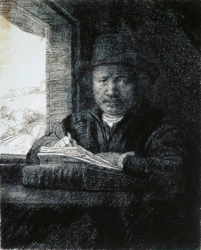 Selvportræt tegning ved et vindue, 1648. af Rembrandt van Rijn
