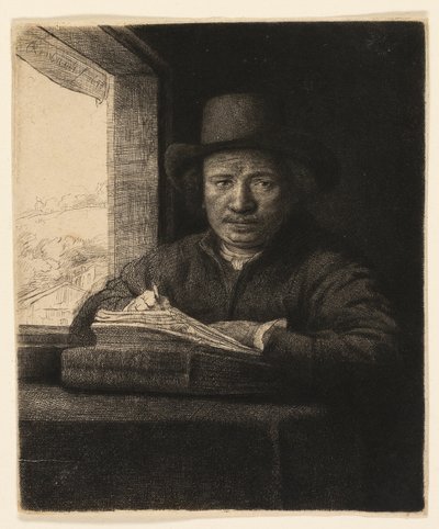 Selvportrætætsning ved et vindue af Rembrandt van Rijn