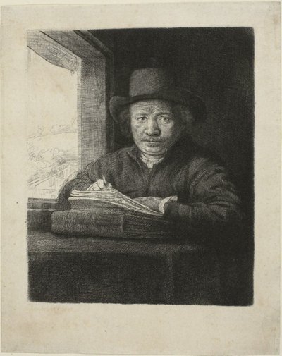 Selvportrætætsning ved et vindue af Rembrandt van Rijn