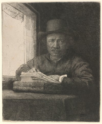 Selvportræt – radering ved et vindue af Rembrandt van Rijn