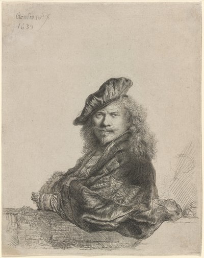 Selvportræt lænet på en stenkarm af Rembrandt van Rijn