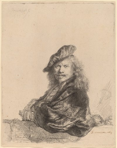 Selvportræt lænet på en stenkarm af Rembrandt van Rijn
