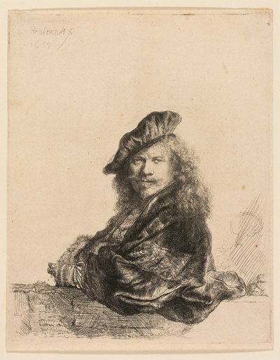 Selvportræt lænet på en stenkarm af Rembrandt van Rijn