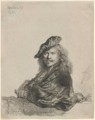 Selvportræt, hvor jeg læner mig op ad en stenvindueskarm af Rembrandt van Rijn