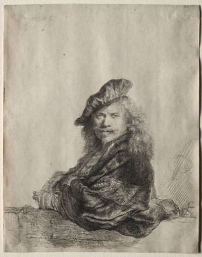 Selvportræt lænet på en stenkarm, 1639. af Rembrandt van Rijn