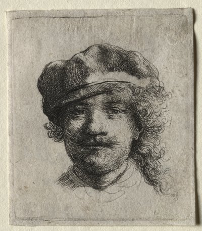 Selvportræt iført en blød kasket: Helt ansigt, kun hoved af Rembrandt van Rijn