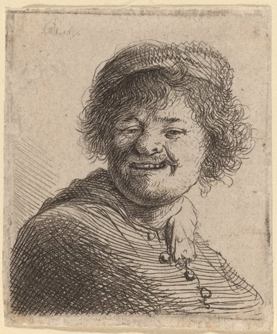 Selvportræt i kasket: griner af Rembrandt van Rijn