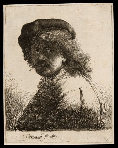 Selvportræt i kasket og tørklæde med ansigtet mørkt: Bust af Rembrandt van Rijn