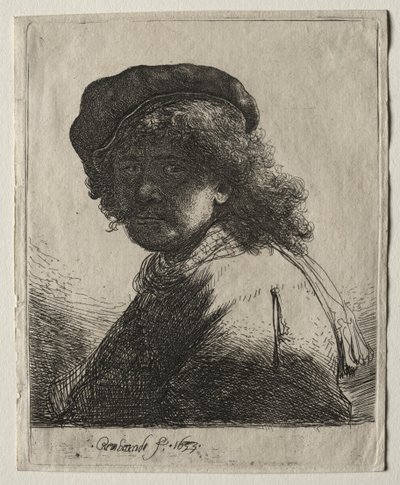 Selvportræt i kasket og tørklæde med ansigtet mørkt: Buste, 1633. af Rembrandt van Rijn
