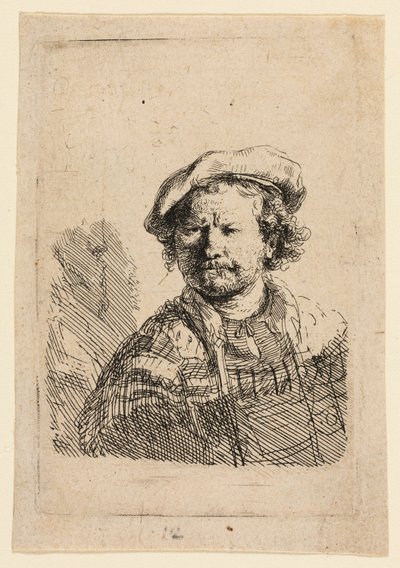 Selvportræt i flad kasket og broderet kjole af Rembrandt van Rijn