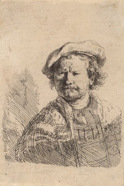 Selvportræt i flad kasket og broderet kjole, ca. 1642. af Rembrandt van Rijn