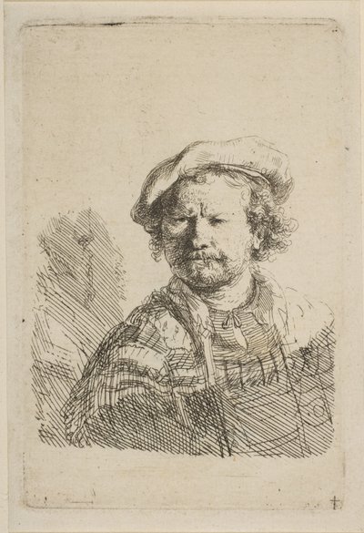 Selvportræt i flad kasket og broderet kjole, ca. 1642. af Rembrandt van Rijn