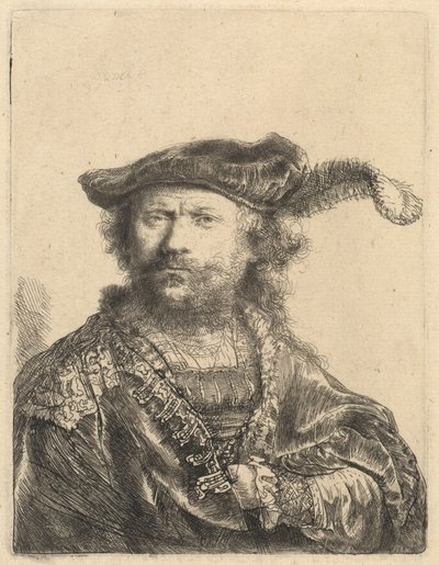 Selvportræt i fløjlskasket med fane af Rembrandt van Rijn