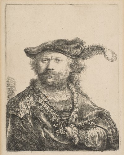 Selvportræt i fløjlskasket med fane, 1638. af Rembrandt van Rijn